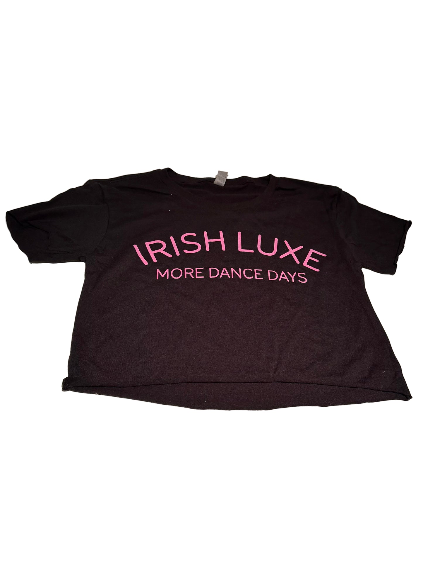 Black t-shirt with pink text 'IRISH LUXE MORE DANCE DAYS' 