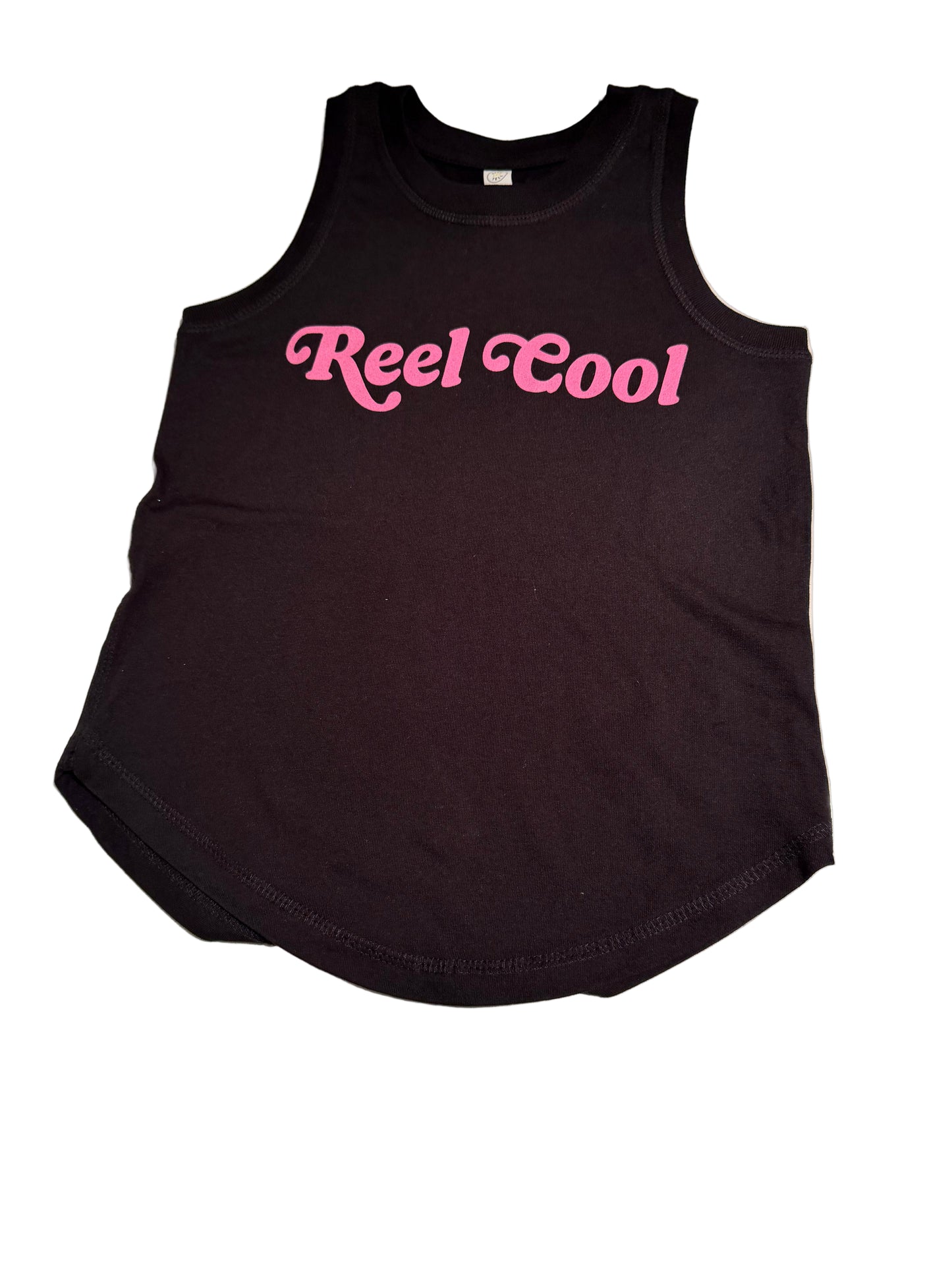 Black tank top with 'Reel Cool' printed in pink