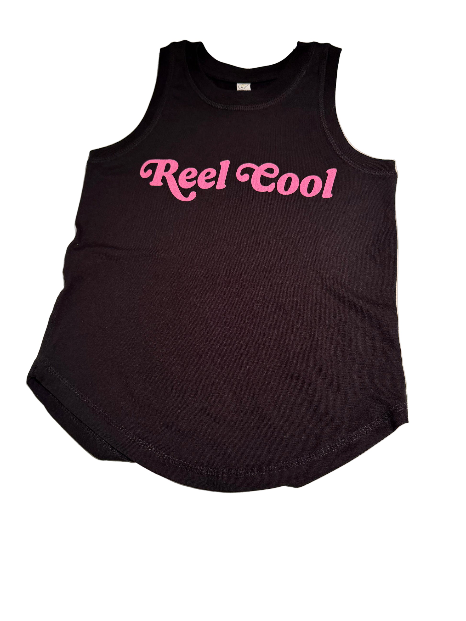 Black tank top with 'Reel Cool' printed in pink
